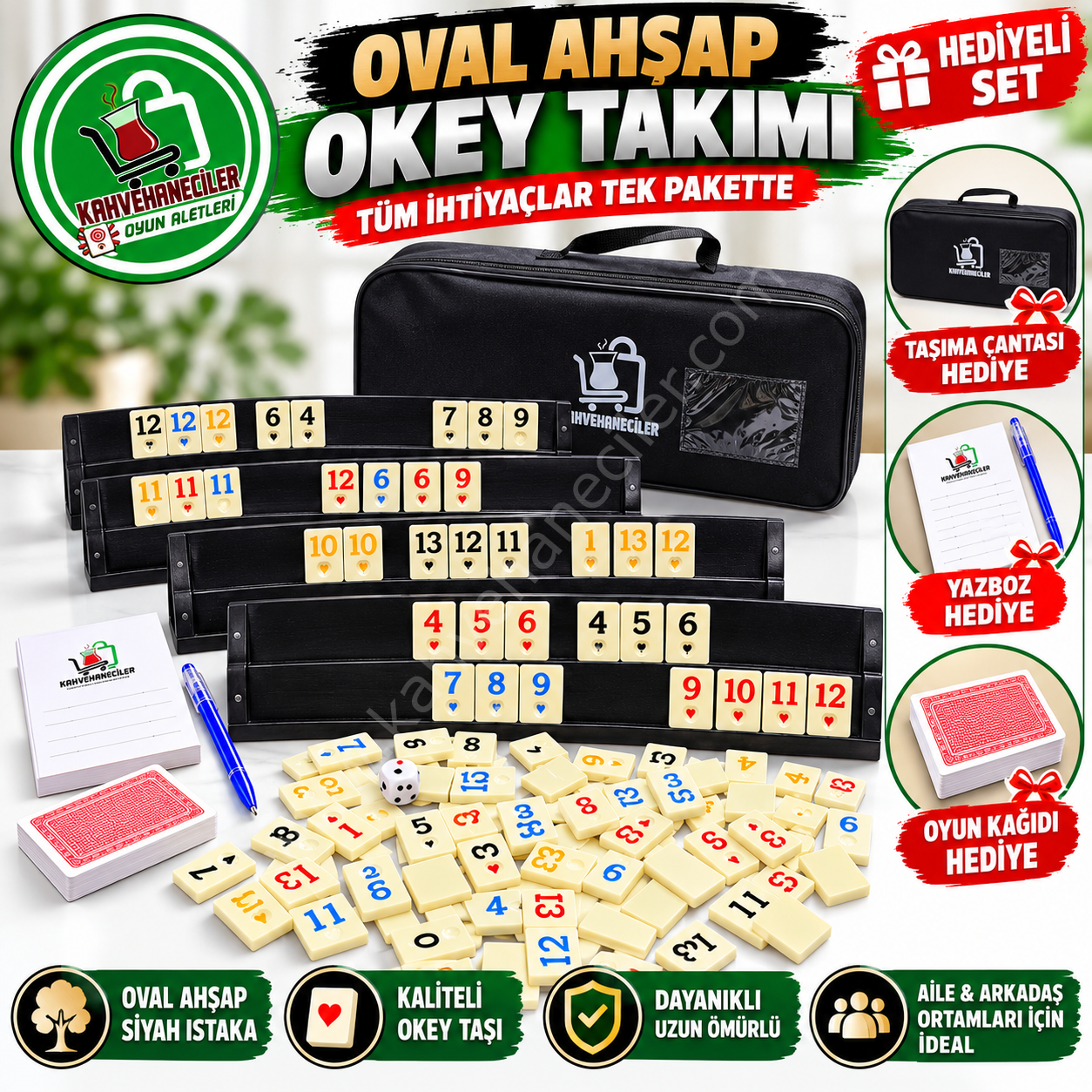 Kahvehaneciler Siyah Oval Ahşap Okey Takımı – Taşıma Çantalı