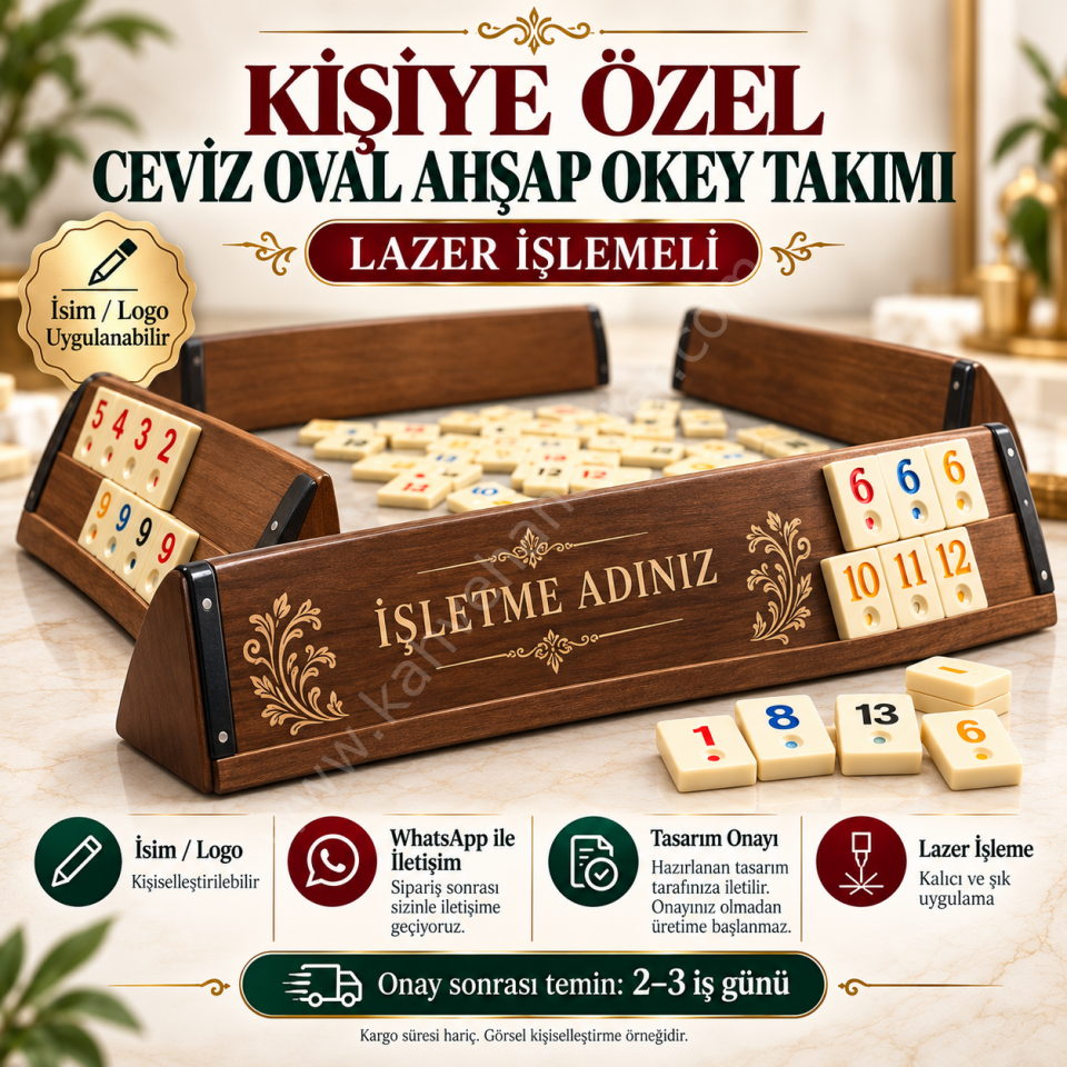 Kişiye Özel Ceviz Oval Ahşap Okey Takımı – Lazer İşlemeli