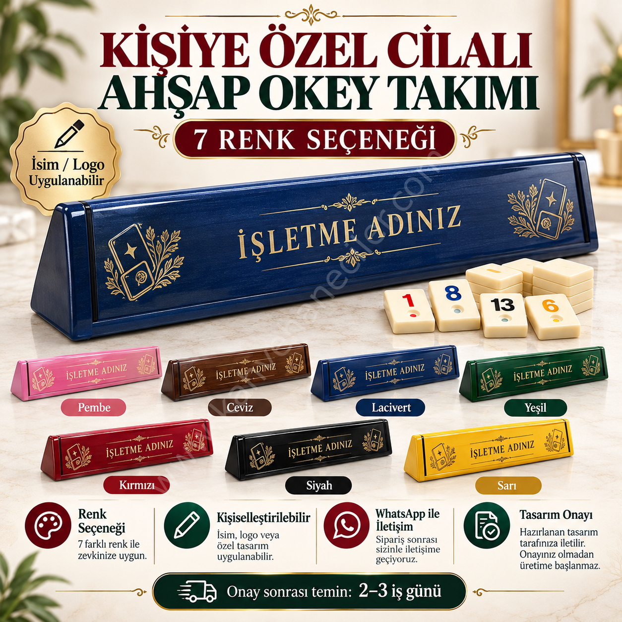 Kişiye Özel Cilalı Ahşap Okey Takımı – 7 Renk Seçeneği