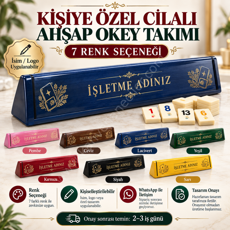 Kişiye Özel Cilalı Ahşap Okey Takımı – 7 Renk Seçeneği
